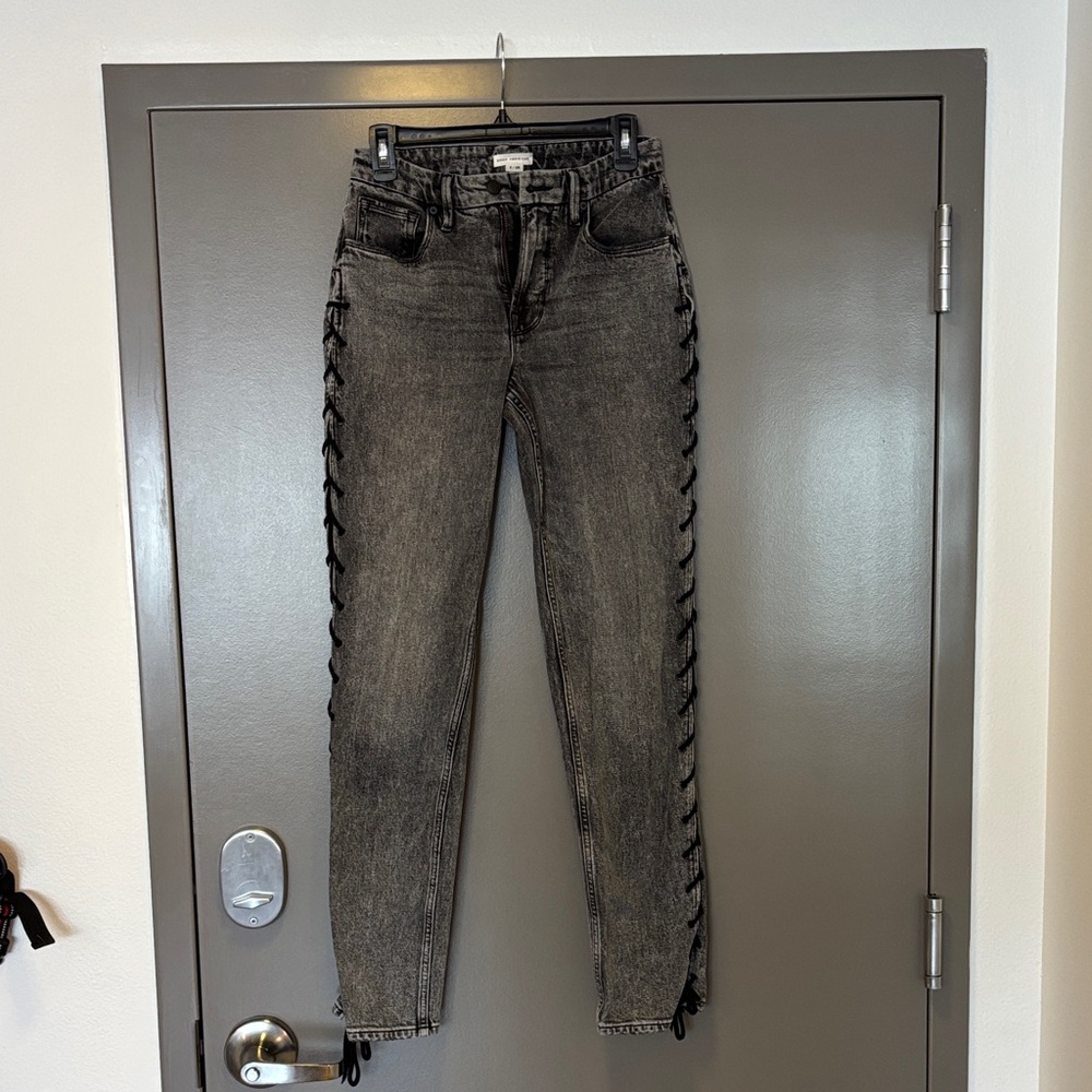 High-Rise Black Acid-Wash Jeans with Side Lace-Up Detail